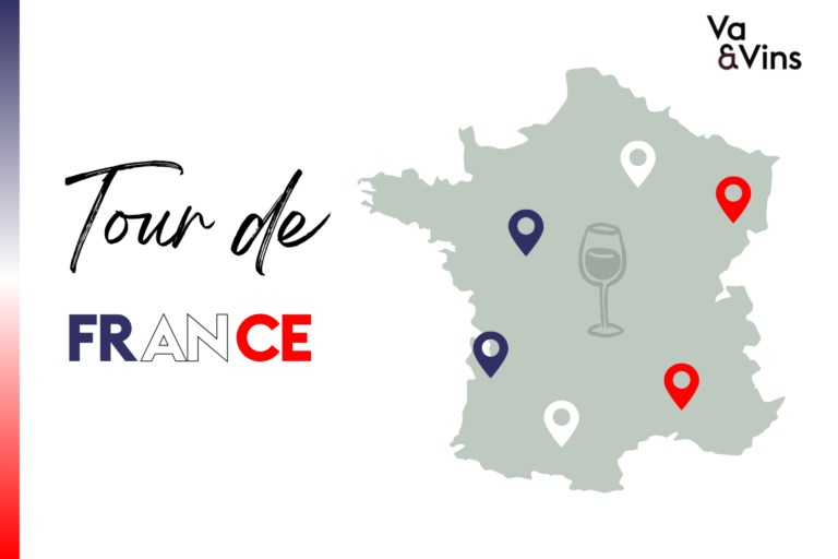 Carte grise de la France avec six repères bleus, blancs et rouges et un verre de vin, pour le cours Tour de France des vins